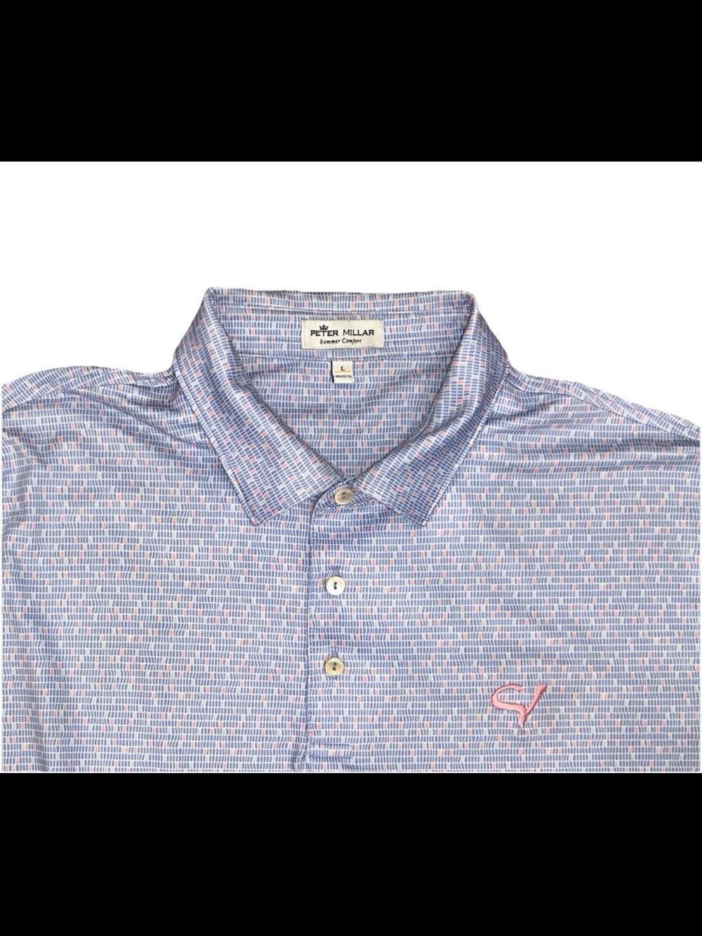 Peter Millar Polo Men’s Large Blue Pink Pattern Summer Comfort Golf Clearview CC